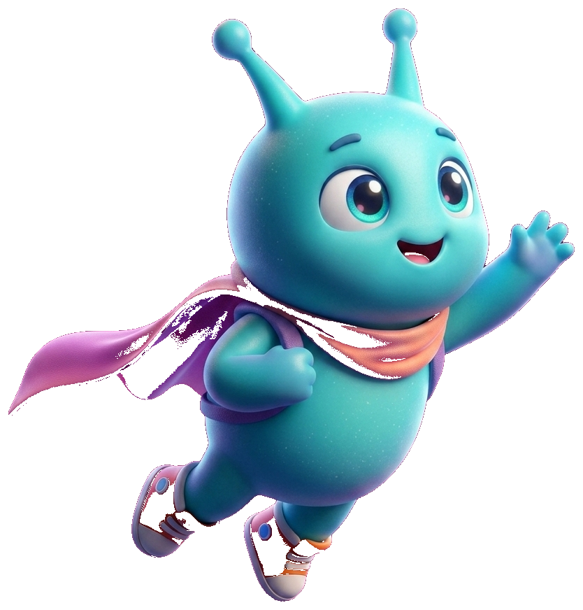 Yondi, the yonder mascot, waving mid-flight through space